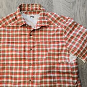 REI Co-op Plaid Short Sleeve Hiking Shirt Red Orange Mens Large Mesh Vented
